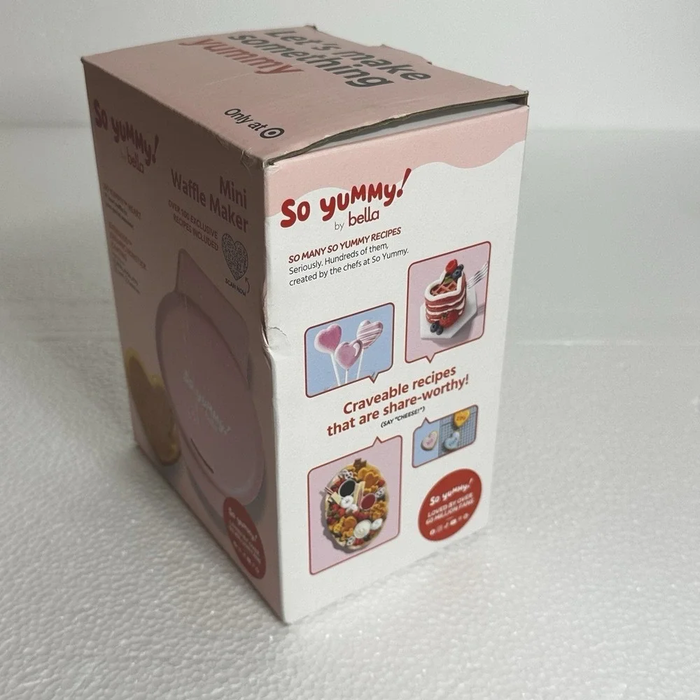 So Yummy by Bella Mini Valentine Pink Heart Shape Waffle Maker + Recipe Book NEW